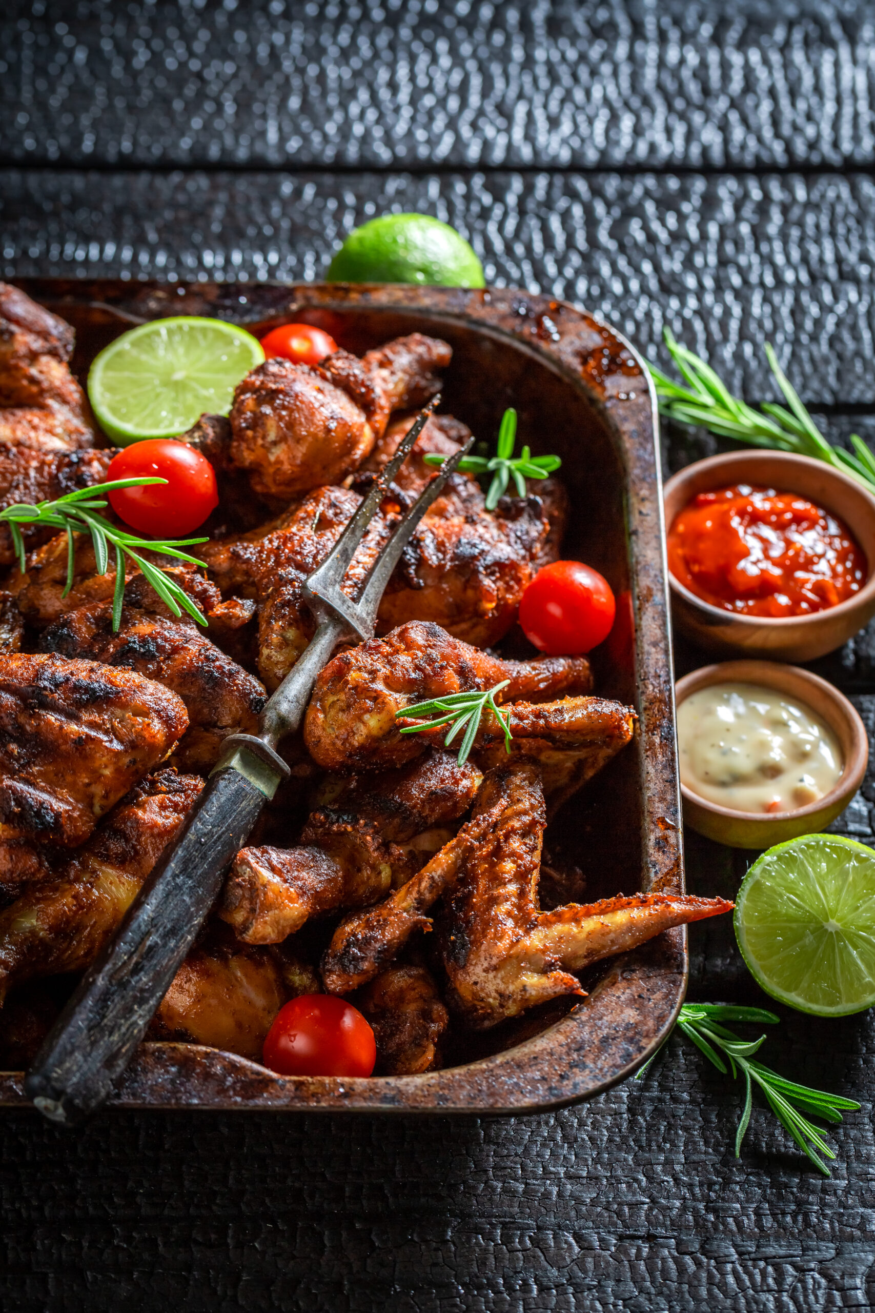 Hot roasted chicken leg on black metal grill plate.