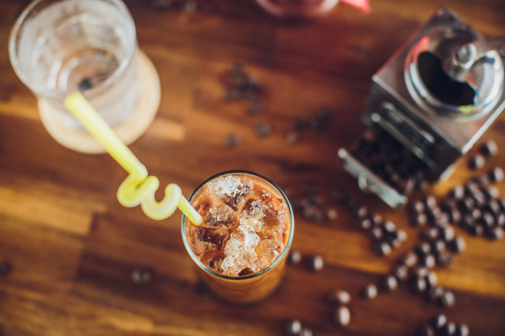 Vietnamese ice coffee with coffee beans